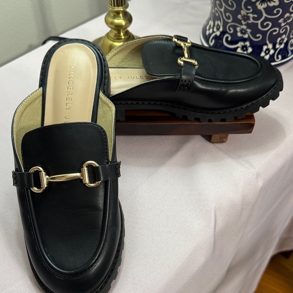Sincerly Jules Shoes - Sincerely Jules Black Mules with Gold Buckle